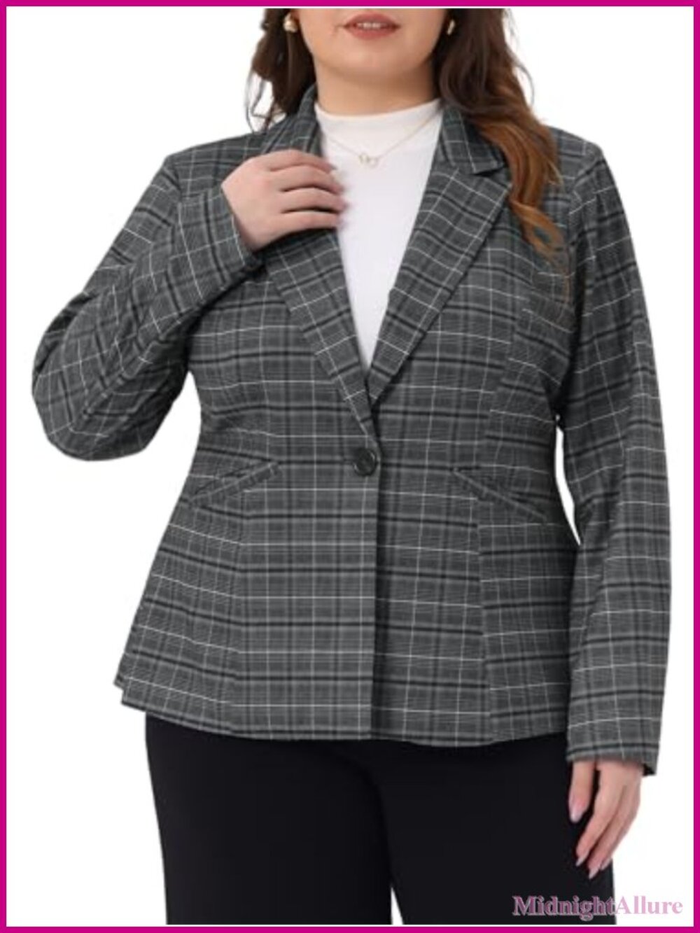 Plus Size Plaid Notched Lapel Button Blazer Jacket with Pockets